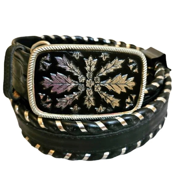 Justin Boots Black Leather Belt with Engraved Silver Buckle Justin Boots Black Belt with Silver Buckle | eBay main image 2